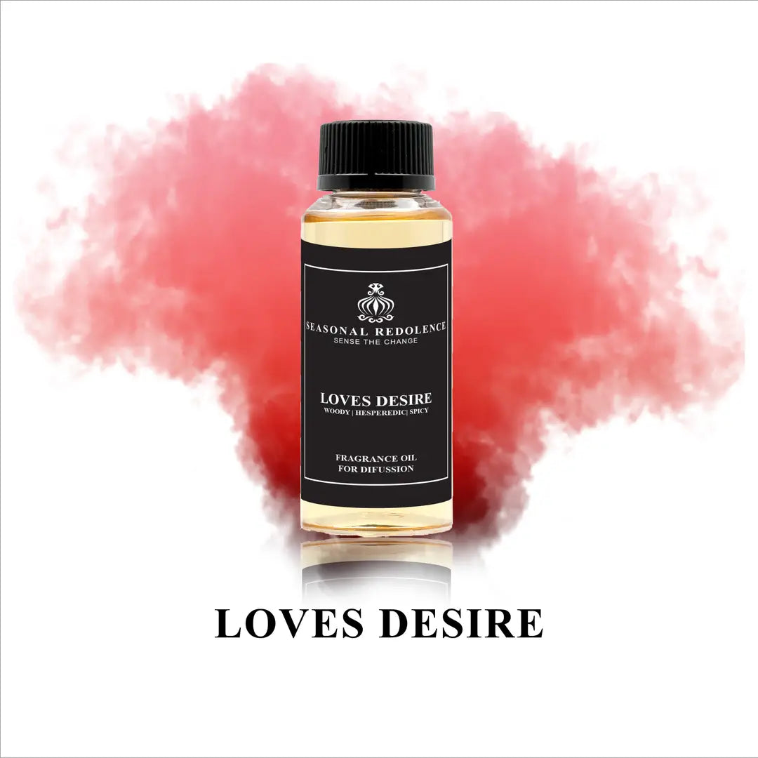 Loves Desire Luxury Home Diffuser Scent Oil captures an intoxicating fragrance journey. The composition opens with vibrant citrus and hesperidic notes that awaken the senses, gracefully transitioning into a warm woody heart. A subtle spicy undertone adds depth and intrigue, creating a sophisticated aromatic experience that lingers throughout your space.