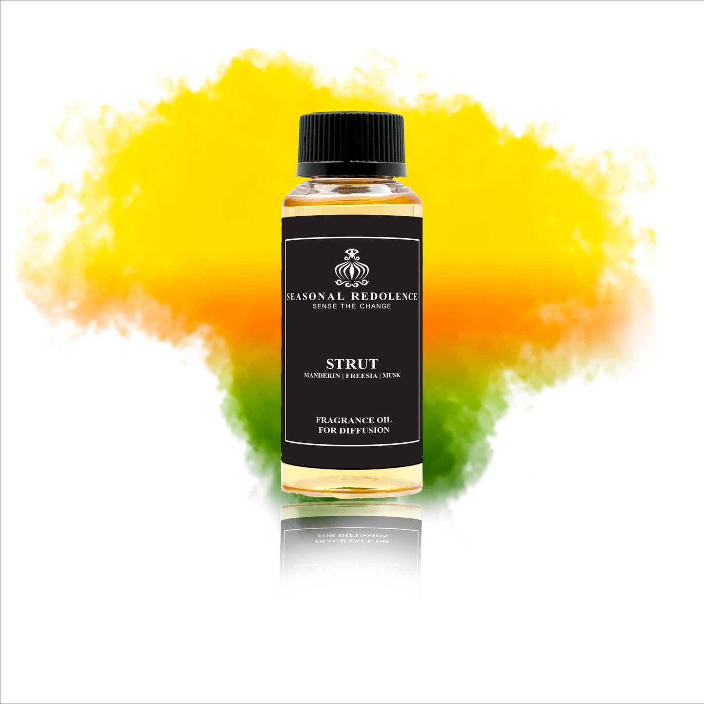 Strut captivates with a sophisticated blend that opens with bright mandarin, lemon, and green apple blossom, offering a fresh and lively introduction. The heart unfolds with elegant freesia, muguet, jasmine, and rose, creating a floral bouquet rich in refinement. A warm base of musk, amber, sandalwood, and patchouli grounds the fragrance, delivering lasting depth and graceful complexity.