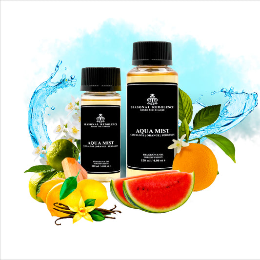 Aqua Mist Luxury Fragrance Diffuser Oil opens with a luminous blend of cascalone, orange, and bergamot that evokes the freshness of coastal air. The heart reveals a vibrant interplay of watermelon, orange, and star fruit, creating an unexpectedly fruity elegance. A sophisticated ambergris base provides warmth and lasting depth, anchoring the composition with refined sensuality. 