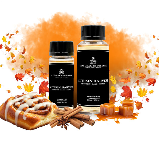 Autumn Harvest Luxury Fragrance Diffuser Oil captures the essence of the season with a refined aromatic composition. The opening unfolds with warm cinnamon and baked spice notes, transitioning into a heart of delicate rose, cinnamon, and clove. The base settles into a luxurious blend of caramel, tonka bean, and vanilla, creating a sophisticated fragrance that lingers gracefully.