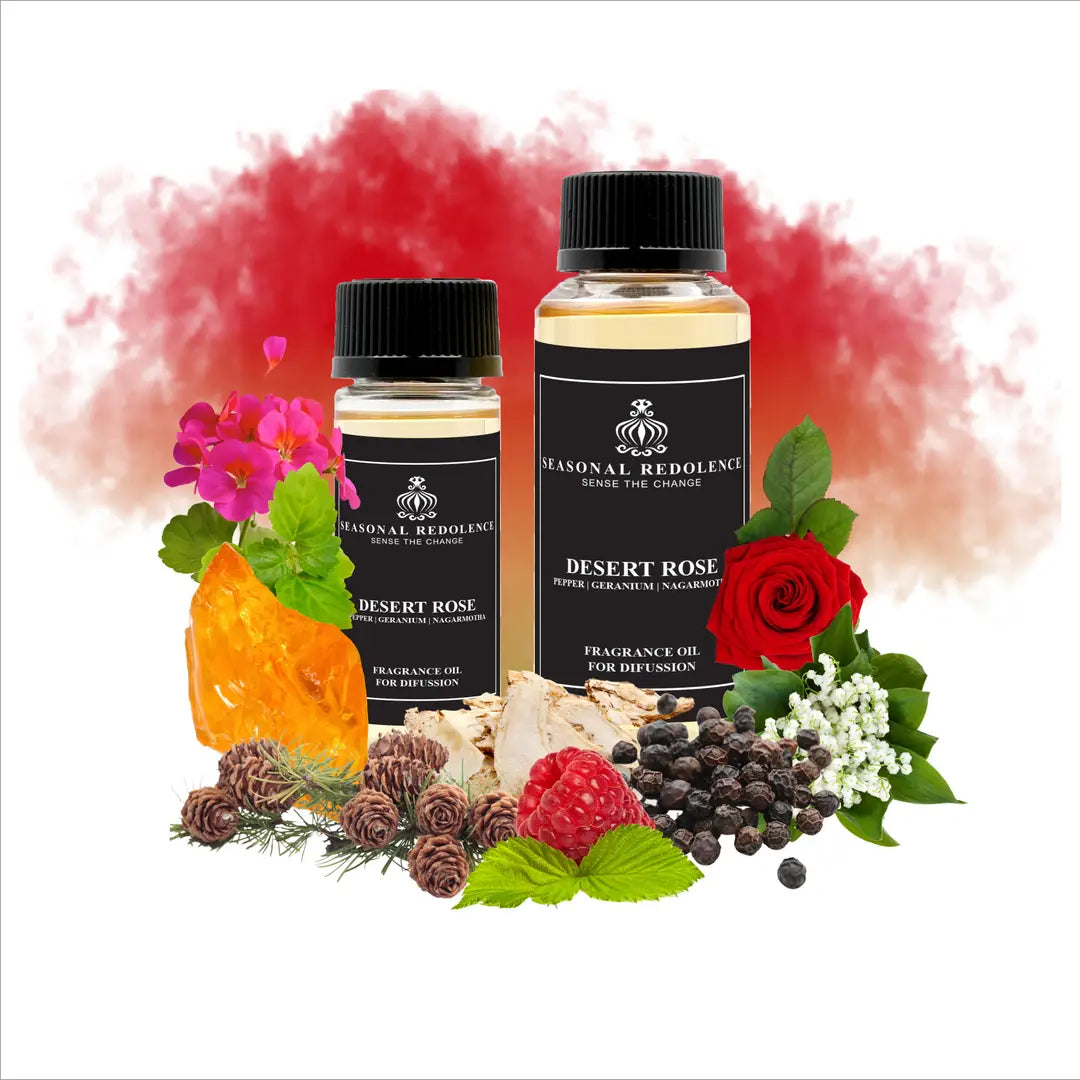 Immerse your home in the captivating essence of Desert Rose. This luxury diffuser oil opens with vibrant top notes of pepper, pine, and raspberry, creating an invigorating first impression. The heart reveals a sophisticated floral bouquet of geranium, rose, lily of the valley, and magnolia, lending elegance and depth. Rich base notes of nagarmotha, amber, musk, and patchouli ground the composition with warmth and sensuality. 