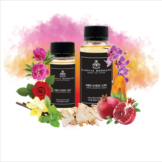 Indulge in the captivating Dreamscape, a luxurious blend of pomegranate and rose top notes, followed by a rich floral bouquet of peony, honey, orchid, and viole. The base notes of amber, patchouli, vanilla, and musk add a sensual and sophisticated touch to this enchanting fragrance.