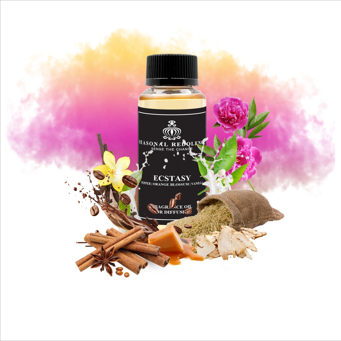 ECSTASY opens with a unique blend of rice, pepper, and anise, delivering an intriguing and spicy introduction. Its heart reveals a sophisticated fusion of orange blossom, coffee, peony, and coriander, balancing floral elegance with rich warmth. The fragrance settles into a creamy base of vanilla, sandalwood, musk, caramel, and milk, offering a smooth, luxurious finish that lingers with refined intensity. 