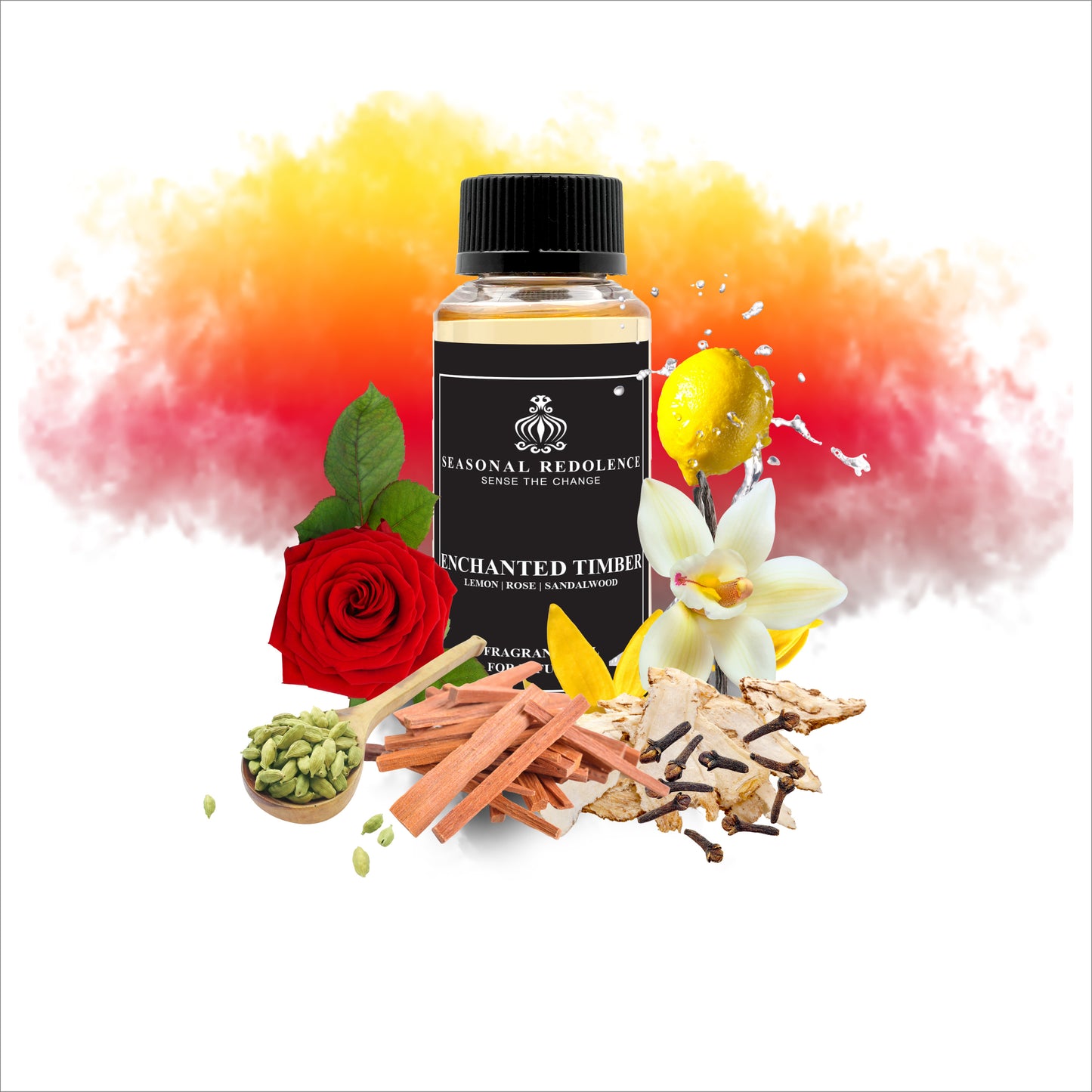 Enchanted Timber captures the essence of refined elegance with a meticulously layered fragrance composition. The opening unfolds with bright lemon and warm spice notes of cardamom and cloves, creating an inviting first impression. A sophisticated heart of rose, ylang-ylang, and cedarwood emerges, adding depth and floral richness. The luxurious base settles into creamy sandalwood, vanilla, and musk, leaving a lasting, sensual impression throughout your space.