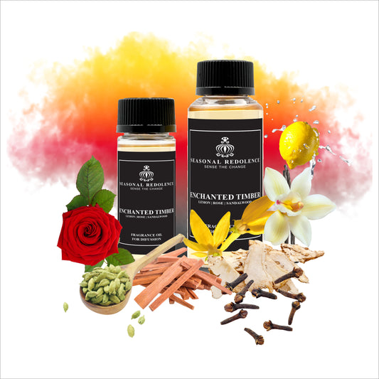 Enchanted Timber captures the essence of refined elegance with a meticulously layered fragrance composition. The opening unfolds with bright lemon and warm spice notes of cardamom and cloves, creating an inviting first impression. A sophisticated heart of rose, ylang-ylang, and cedarwood emerges, adding depth and floral richness. The luxurious base settles into creamy sandalwood, vanilla, and musk, leaving a lasting, sensual impression throughout your space.