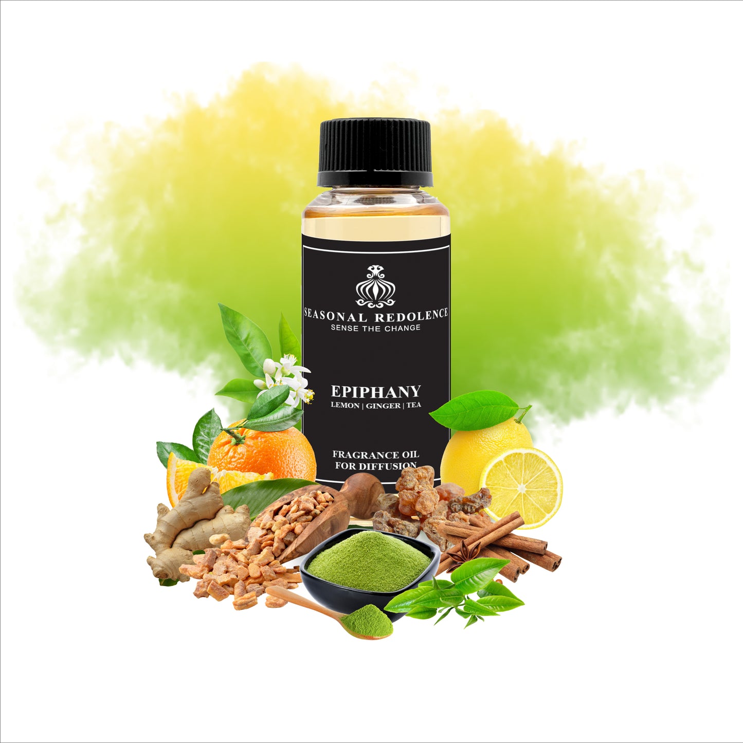 EPIPHANY begins with a vibrant blend of citron, lemon, and orange, offering a refreshing and energizing opening. Its heart combines the delicate sweetness of orange blossom oil with warm ginger and cinnamon, adding depth and spice. The fragrance settles into a refined base of tea, curdlanolic ether, frankincense, and myrrh, creating a sophisticated, contemplative finish that lingers elegantly.