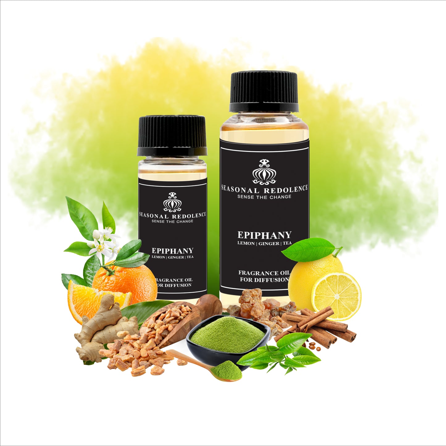 EPIPHANY begins with a vibrant blend of citron, lemon, and orange, offering a refreshing and energizing opening. Its heart combines the delicate sweetness of orange blossom oil with warm ginger and cinnamon, adding depth and spice. The fragrance settles into a refined base of tea, curdlanolic ether, frankincense, and myrrh, creating a sophisticated, contemplative finish that lingers elegantly.