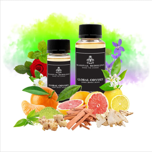 Global Odyssey captures the essence of world travel in a single, luxurious fragrance. This sophisticated scent opens with bright citrus and invigorating green tea, evolving into a romantic heart of honeyed florals and delicate rose. The base settles into warm peach, creamy sandalwood, and earthy woods, creating a captivating journey that lingers beautifully.