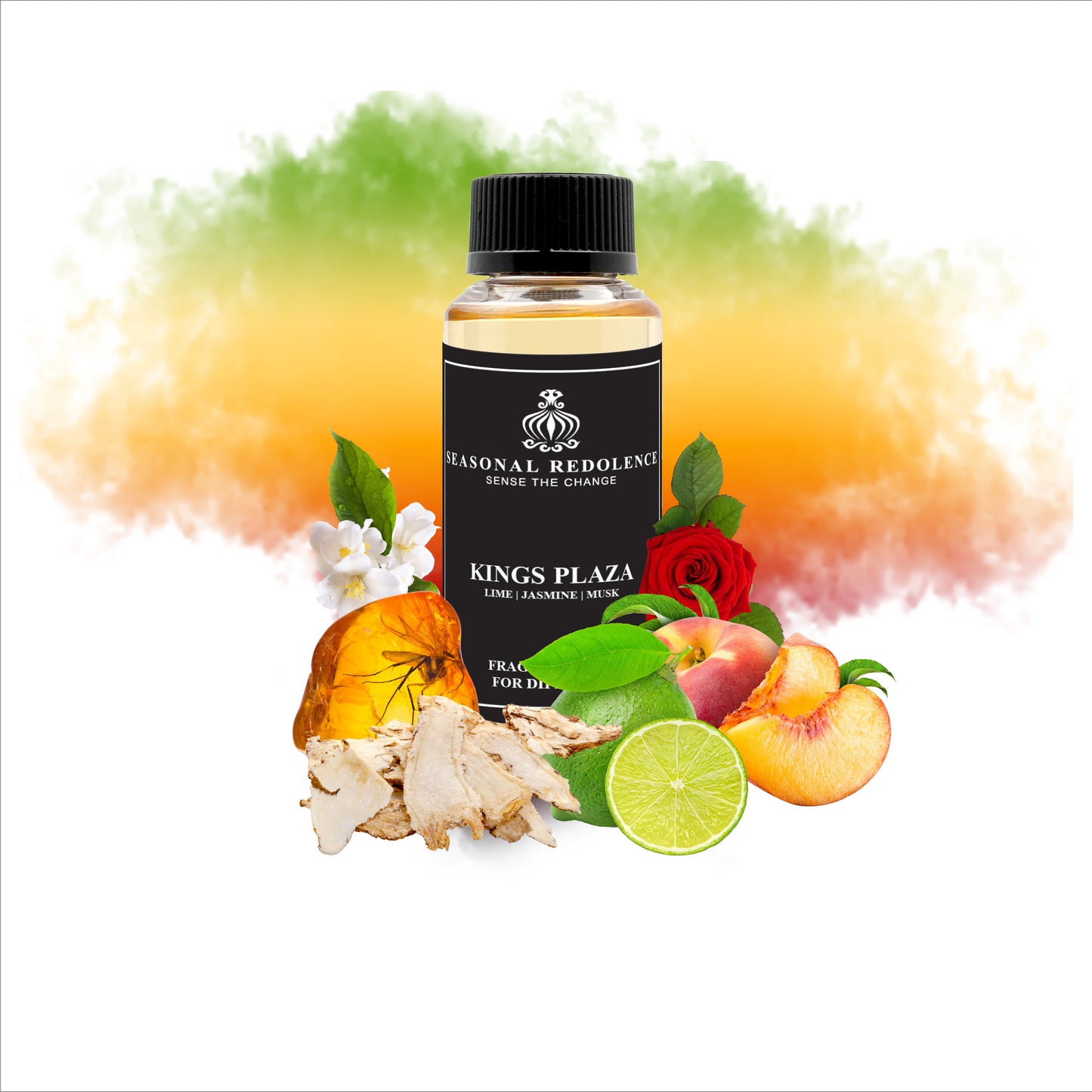 KINGS PLAZA opens with a vibrant blend of lime, peach, and melon, offering a fresh and fruity introduction. Its heart combines the elegance of jasmine and rose with a playful touch of candy sweetness. The fragrance rests on a warm base of musk and amber, delivering a sophisticated and lasting finish that balances freshness with depth.