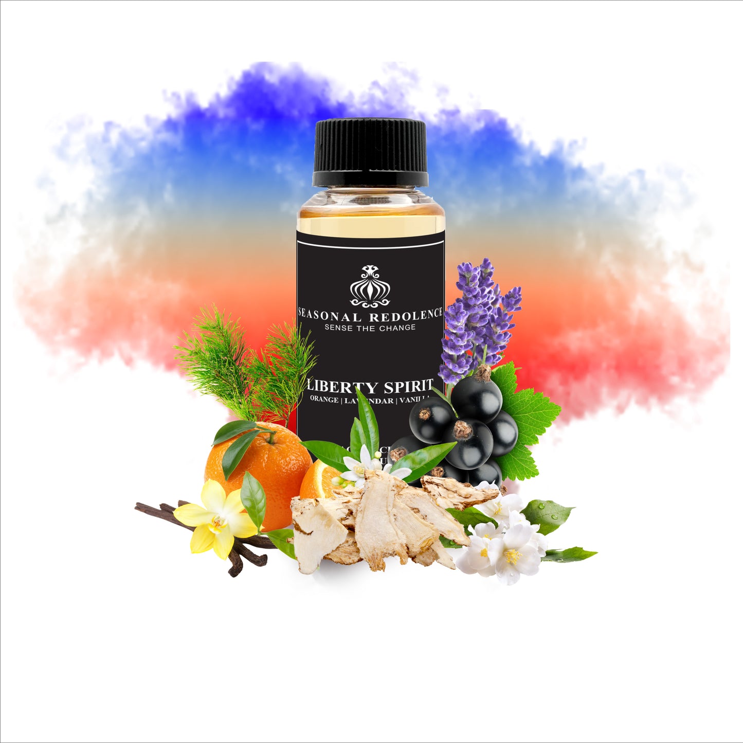 LIBERTY SPIRIT embodies a refined balance of brightness and depth. The opening bursts with vibrant orange and dark black currant, delivering immediate freshness with subtle berry complexity. Lavender, neroli, and jasmine compose an elegant heart that feels both airy and sensual, creating a luminous floral presence. The base grounds this composition with creamy vanilla, soft musk, and cedarwood's woody sophistication, resulting in a fragrance that transitions seamlessly from day to evening. 