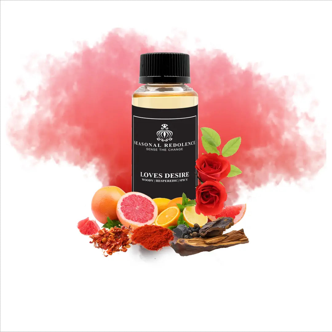 Loves Desire Luxury Home Diffuser Scent Oil captures an intoxicating fragrance journey. The composition opens with vibrant citrus and hesperidic notes that awaken the senses, gracefully transitioning into a warm woody heart. A subtle spicy undertone adds depth and intrigue, creating a sophisticated aromatic experience that lingers throughout your space. 