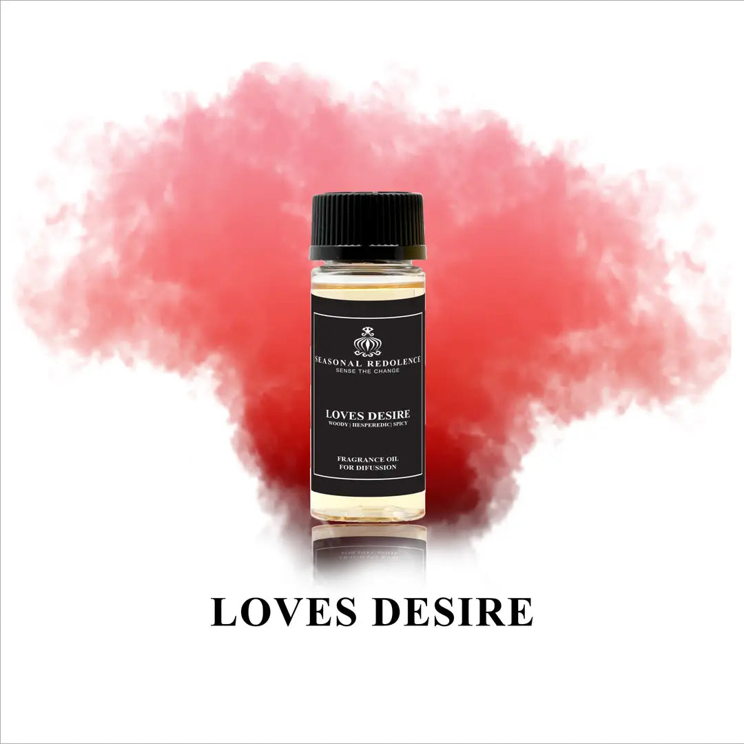 Loves Desire Luxury Home Diffuser Scent Oil captures an intoxicating fragrance journey. The composition opens with vibrant citrus and hesperidic notes that awaken the senses, gracefully transitioning into a warm woody heart. A subtle spicy undertone adds depth and intrigue, creating a sophisticated aromatic experience that lingers throughout your space. 