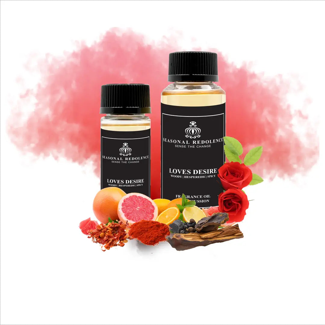 Loves Desire Luxury Home Diffuser Scent Oil captures an intoxicating fragrance journey. The composition opens with vibrant citrus and hesperidic notes that awaken the senses, gracefully transitioning into a warm woody heart. A subtle spicy undertone adds depth and intrigue, creating a sophisticated aromatic experience that lingers throughout your space. 