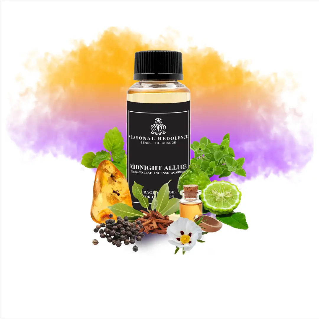 Midnight Allure captures the essence of refined elegance in every diffusion. This luxury scent opens with crisp oregano leaf and pepper, brightened by bergamot's citrus warmth. The heart unfolds with smoky incense and rich amber, grounded by the resinous depth of labdanum.
