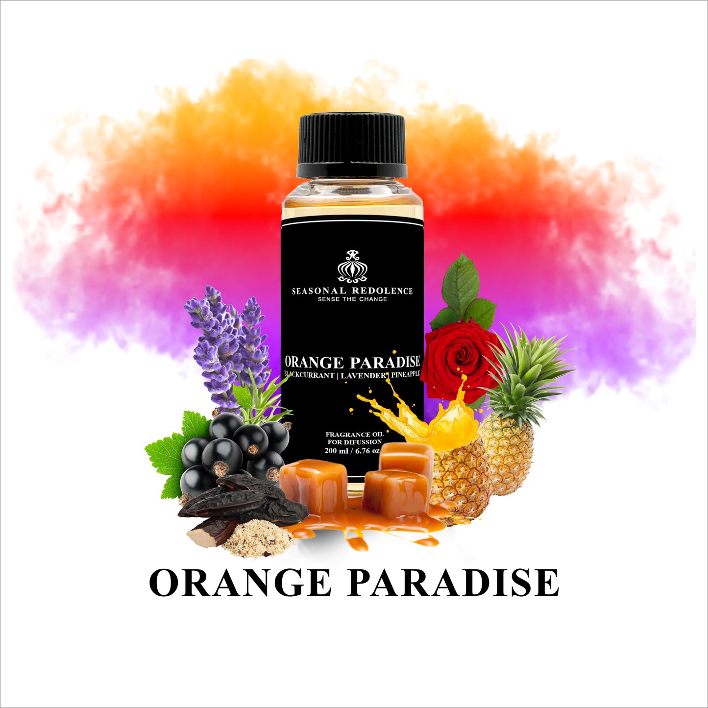 Indulge in the luxurious scent of Orange Paradise with our Fragrance Diffuser Oil. With top notes of Blackcurrant, and Lavender, the middle notes of Rose, Pineapple, and Caramel, and base notes of Tonka Bean, Oak moss, and Musk, this oil will create a calming and inviting atmosphere in your home. Enrich your senses with this expertly crafted blend.