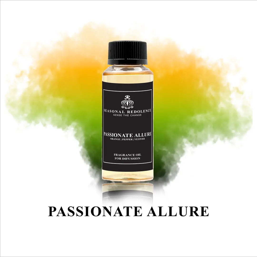 Passionate Allure captures the essence of refined elegance with a meticulously crafted fragrance journey. Bright citrus notes of orange and grapefruit open with invigorating freshness, gracefully transitioning to a sophisticated heart of pepper and cedarwood. The composition settles into a warm, sensual base of vetiver, benzoin, and patchouli that lingers beautifully throughout your space.