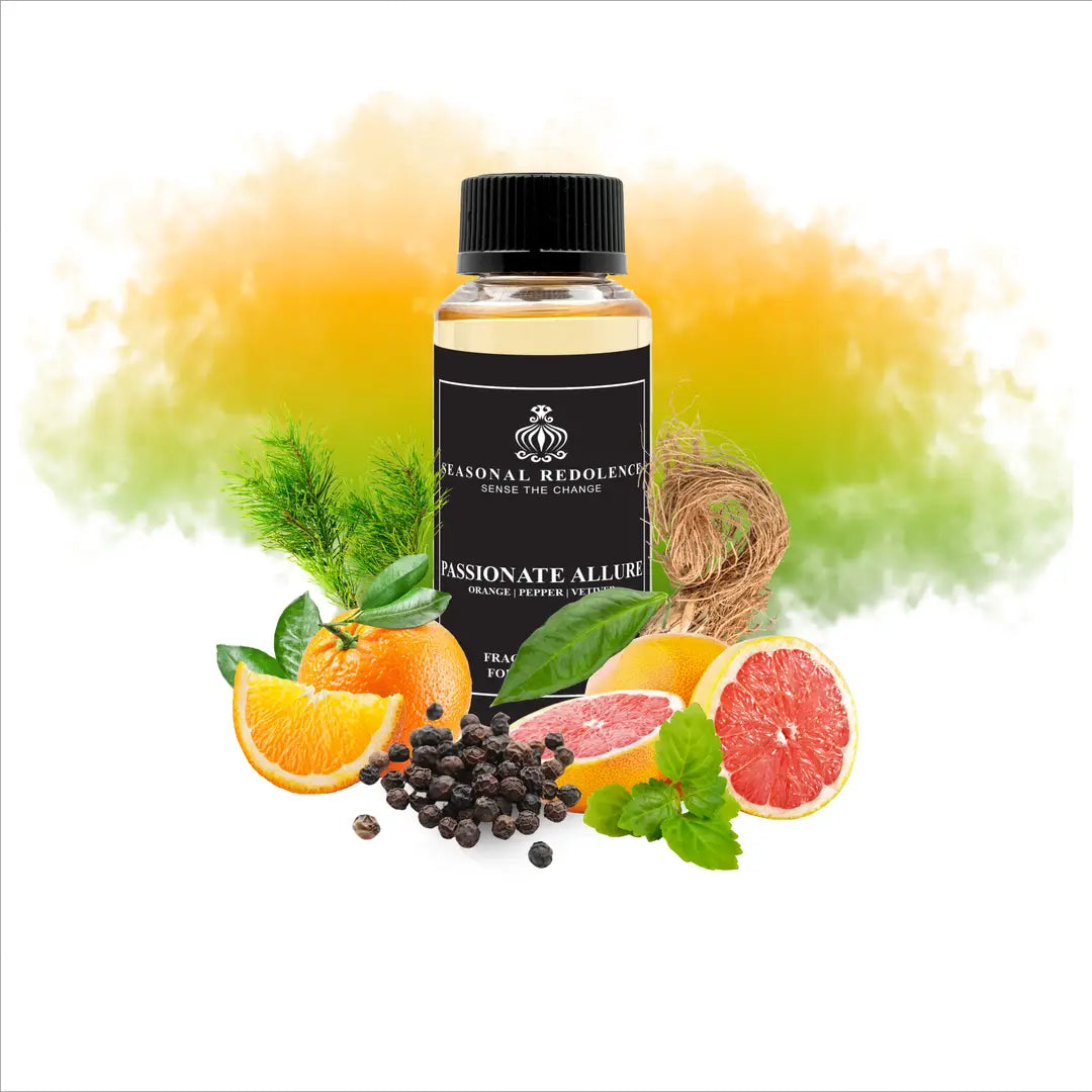 Passionate Allure captures the essence of refined elegance with a meticulously crafted fragrance journey. Bright citrus notes of orange and grapefruit open with invigorating freshness, gracefully transitioning to a sophisticated heart of pepper and cedarwood. The composition settles into a warm, sensual base of vetiver, benzoin, and patchouli that lingers beautifully throughout your space.