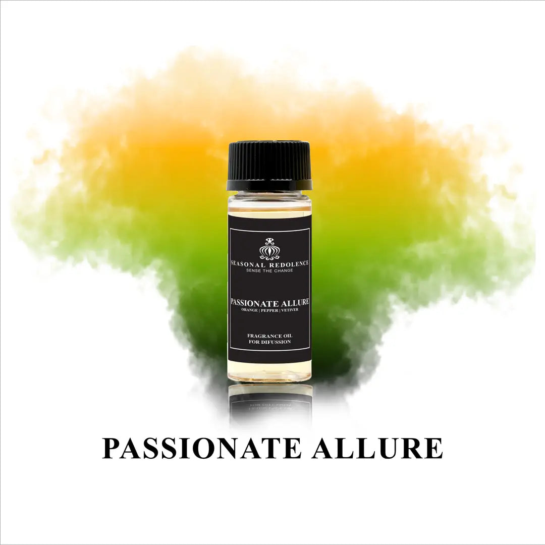 Passionate Allure captures the essence of refined elegance with a meticulously crafted fragrance journey. Bright citrus notes of orange and grapefruit open with invigorating freshness, gracefully transitioning to a sophisticated heart of pepper and cedarwood. The composition settles into a warm, sensual base of vetiver, benzoin, and patchouli that lingers beautifully throughout your space.