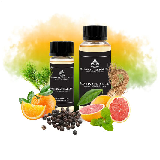 Passionate Allure captures the essence of refined elegance with a meticulously crafted fragrance journey. Bright citrus notes of orange and grapefruit open with invigorating freshness, gracefully transitioning to a sophisticated heart of pepper and cedarwood. The composition settles into a warm, sensual base of vetiver, benzoin, and patchouli that lingers beautifully throughout your space.