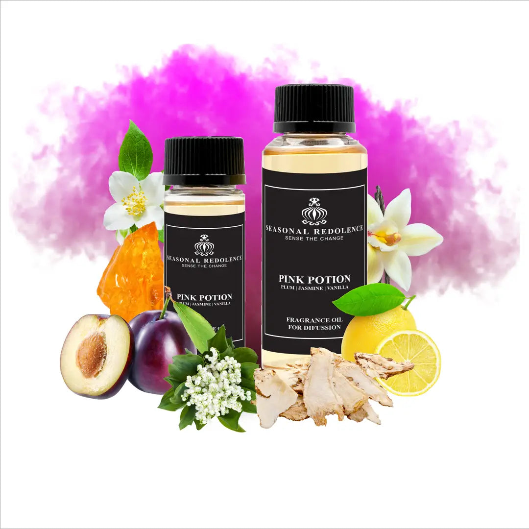 Pink Potion Luxury Home Diffuser Scent Oil opens with bright lemon and plum notes that give way to an elegant floral heart of jasmine and lily of the valley. The composition settles into a warm, sensual base of vanilla, amber, and musk that lingers throughout your space.