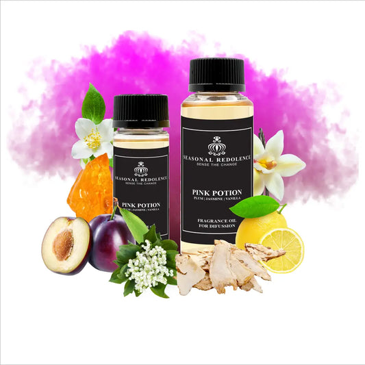 Pink Potion Luxury Home Diffuser Scent Oil opens with bright lemon and plum notes that give way to an elegant floral heart of jasmine and lily of the valley. The composition settles into a warm, sensual base of vanilla, amber, and musk that lingers throughout your space.