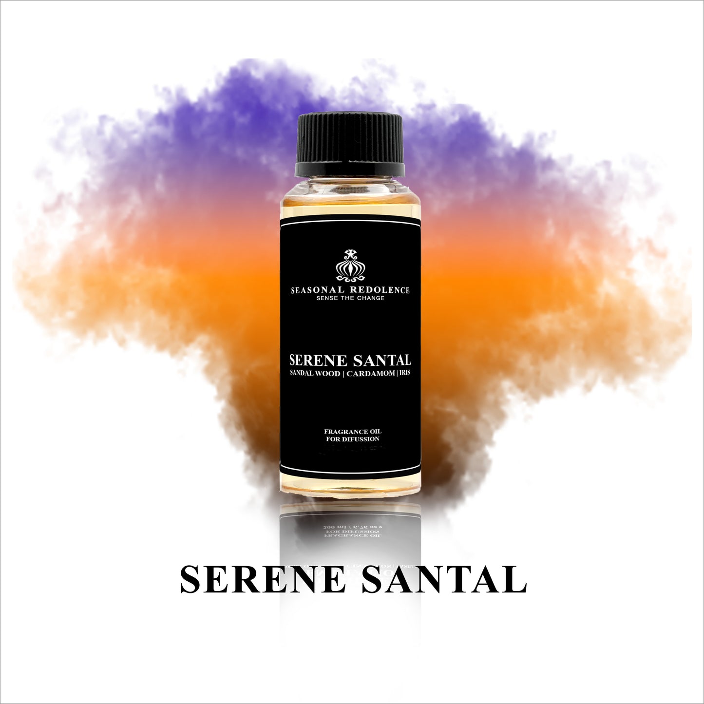 Serene Santal Luxury Fragrance Diffuser Oil combines top notes of Violet, Iris, and Cardamom with middle notes of Cedar, Leather, and Papyrus, and base notes of Sandalwood and Amber. Experience a luxurious and calming aroma that will enhance any space.