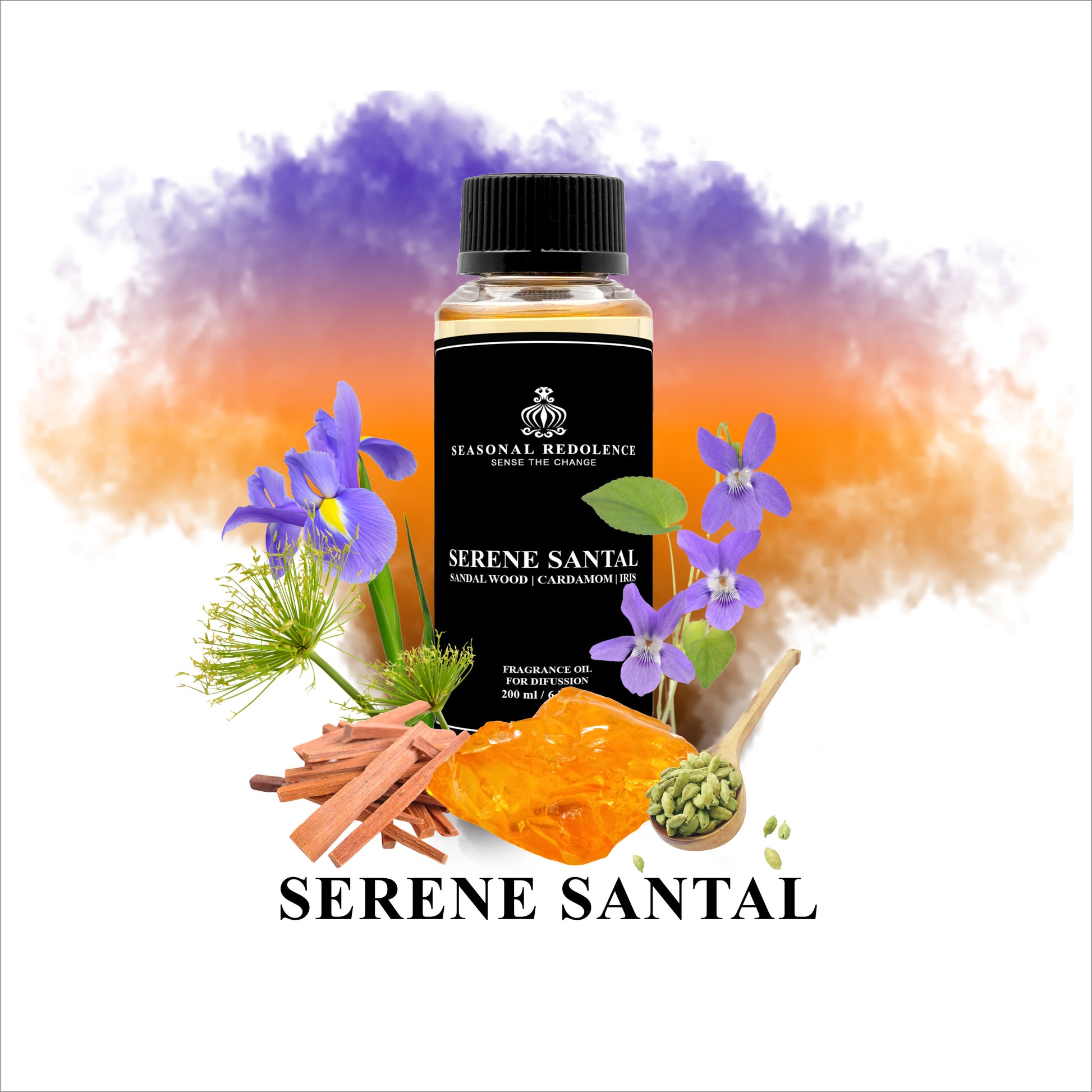 Serene Santal Luxury Fragrance Diffuser Oil combines top notes of Violet, Iris, and Cardamom with middle notes of Cedar, Leather, and Papyrus, and base notes of Sandalwood and Amber. Experience a luxurious and calming aroma that will enhance any space.