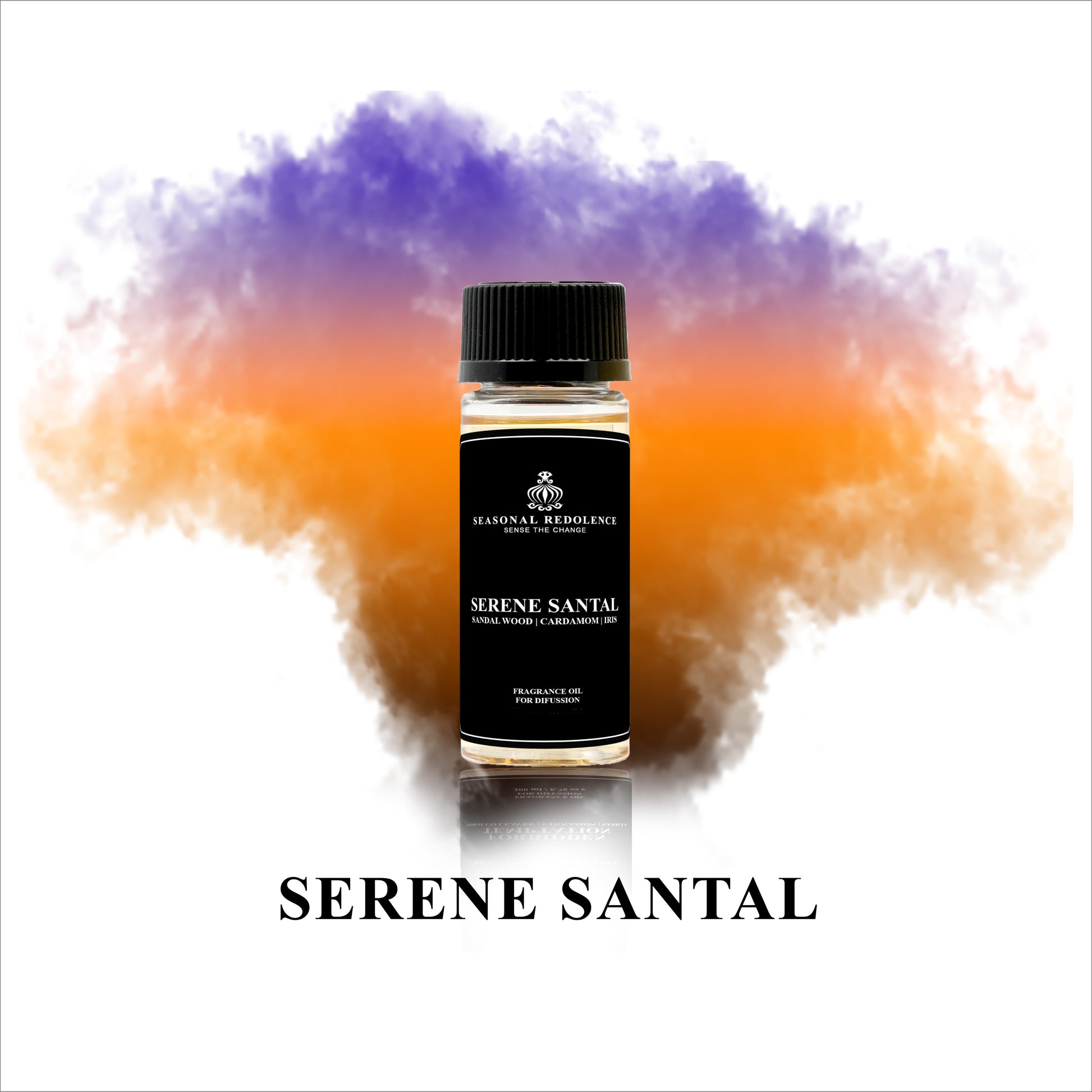 Serene Santal Luxury Fragrance Diffuser Oil combines top notes of Violet, Iris, and Cardamom with middle notes of Cedar, Leather, and Papyrus, and base notes of Sandalwood and Amber. Experience a luxurious and calming aroma that will enhance any space.
