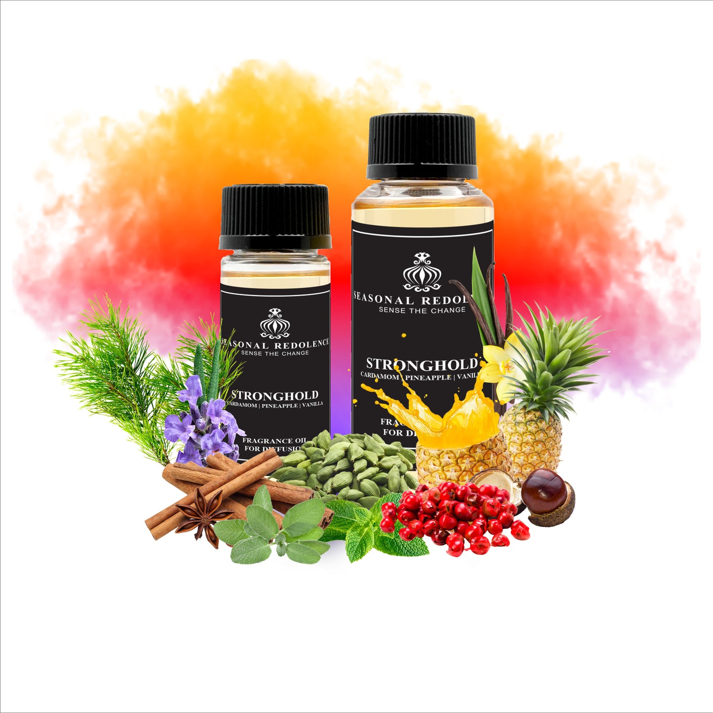 STRONGHOLD opens with a striking interplay of spice and freshness—cardamom and pink pepper ignite the senses, while violet leaves and mint introduce cool, herbaceous sophistication. The heart reveals an unexpected fusion: tropical pineapple meets warming cinnamon, grounded by sage's earthy wisdom and lavender's calming influence. This creates a fragrance that feels both vibrant and contemplative. 