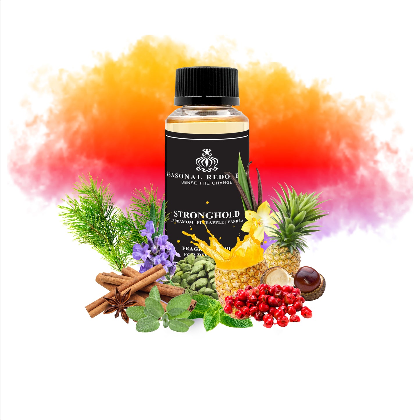 STRONGHOLD opens with a striking interplay of spice and freshness—cardamom and pink pepper ignite the senses, while violet leaves and mint introduce cool, herbaceous sophistication. The heart reveals an unexpected fusion: tropical pineapple meets warming cinnamon, grounded by sage's earthy wisdom and lavender's calming influence. This creates a fragrance that feels both vibrant and contemplative. 