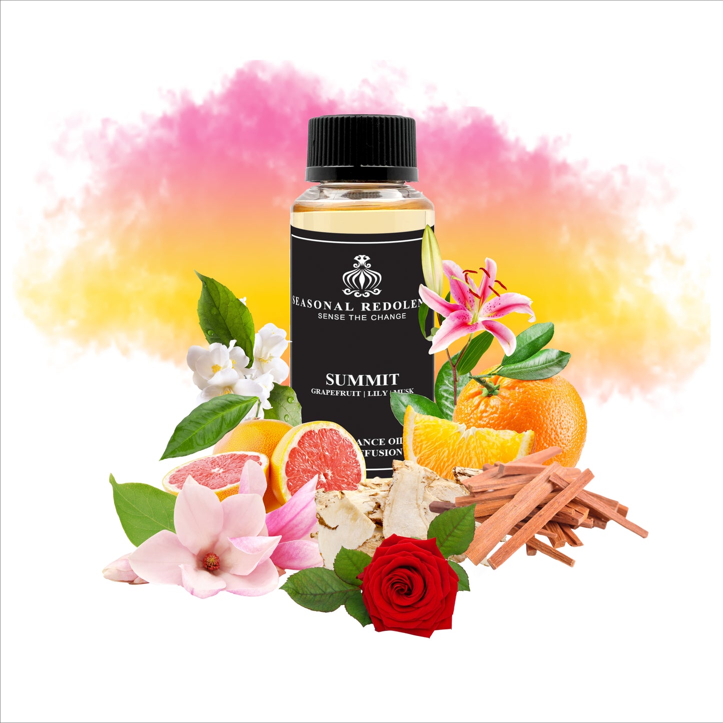 Elevate your space with Summit, a sophisticated fragrance that opens with the bright, invigorating notes of grapefruit and orange. The heart reveals a lush floral composition of lily, magnolia, rose, and jasmine, creating an elegant and captivating presence. As the scent settles, warm base notes of musk, guaiac wood, and sandalwood provide a refined, lasting foundation. 