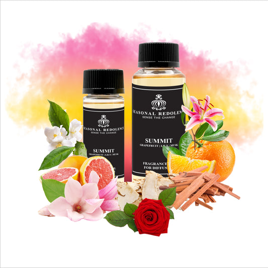 Elevate your space with Summit, a sophisticated fragrance that opens with the bright, invigorating notes of grapefruit and orange. The heart reveals a lush floral composition of lily, magnolia, rose, and jasmine, creating an elegant and captivating presence. As the scent settles, warm base notes of musk, guaiac wood, and sandalwood provide a refined, lasting foundation. 
