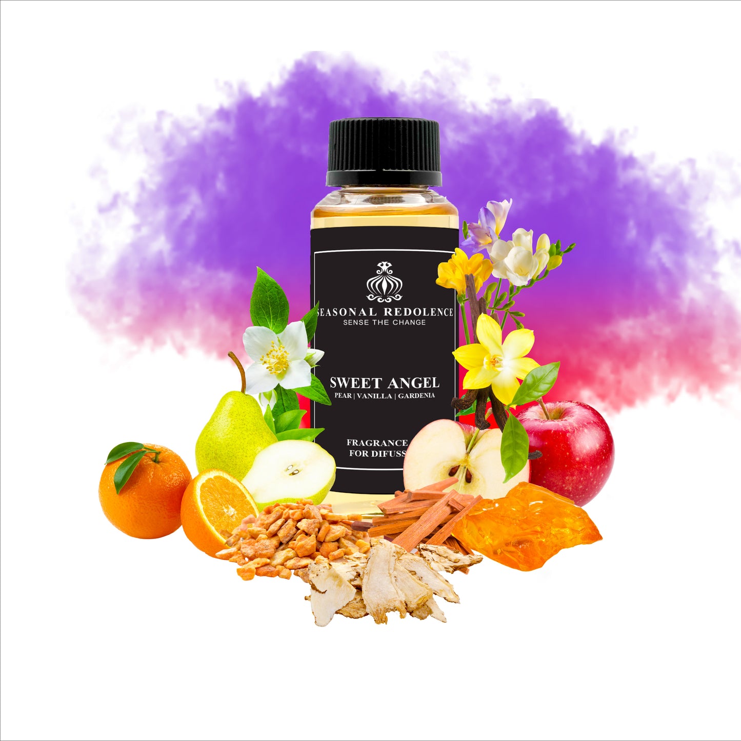 Sweet Angel unfolds with a refined blend of juicy pears, vibrant oranges, lychees, and crisp red apples. At its heart, delicate gardenia, sweet peas, jasmine, freesia, and magnolia create an elegant floral bouquet. The base notes of creamy vanilla, warm benzoin, soft musk, rich praline, amber, and smooth sandalwood provide a luxurious, lasting finish. This sophisticated fragrance balances fresh fruitiness with timeless florals and comforting warmth, perfect for those seeking a graceful and memorable scent.