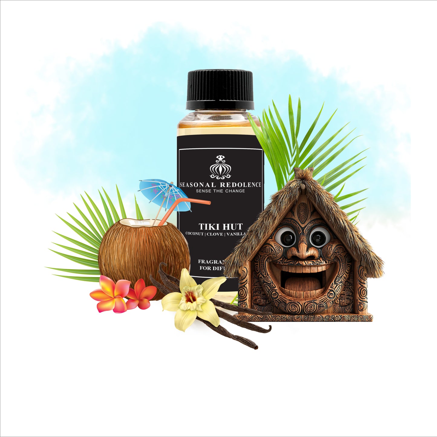 Tiki Hut captures the essence of a tropical escape with fresh coconut leaves at the top, evoking a serene island breeze. The heart blends creamy coconut and warm clove, adding a rich, exotic warmth. A smooth vanilla bean base rounds out the fragrance, offering a sophisticated and comforting finish. This refined scent transports you to a tranquil paradise with its elegant balance of tropical freshness and subtle spice.