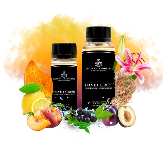 Experience the ultimate indulgence with our Velvet Crush Luxury Fragrance Diffuser Oil. Top notes of blackcurrant, lemon, peach, and plum are complemented by a floral bouquet of rose, lily, and violet. Finally, the warm and rich base notes of sandalwood, amber, musk, and vetiver create a scent that is both luxurious and long-lasting. Elevate your space with this exquisite fragrance.