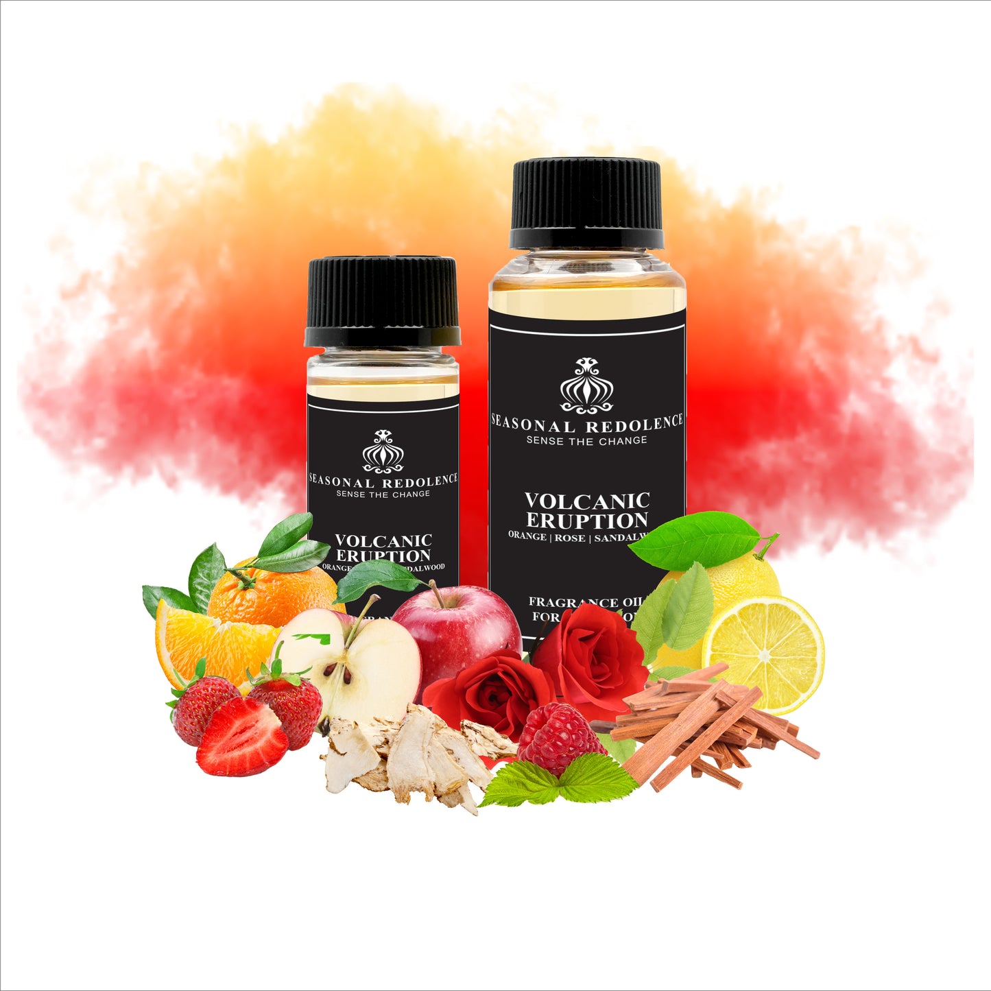 Volcanic Eruption captures an intriguing contrast of vibrant and grounding elements. The opening bursts with sweet orange, lemon, raspberry, and apple—a dynamic citrus and fruit composition that commands attention. The heart reveals a romantic floral core of rose and violet, softened by strawberry's delicate sweetness. The base anchors the fragrance with earthy sandalwood and pine, complemented by sensual musk and a subtle maltose sweetness. A sophisticated scent for those who embrace complexity and depth.