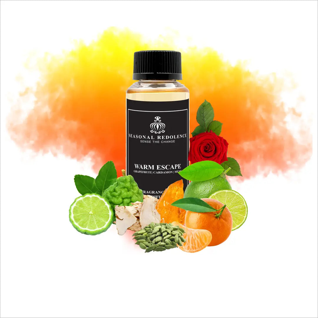 Warm Escape Luxury Home Oil Diffuser Scent Oil captures the essence of refined relaxation. This sophisticated fragrance opens with vibrant citrus notes of grapefruit, orange, and bergamot, complemented by delicate tea and lime. The heart reveals a harmonious blend of cardamom, jasmine, rose, and perilla, creating depth and elegance.