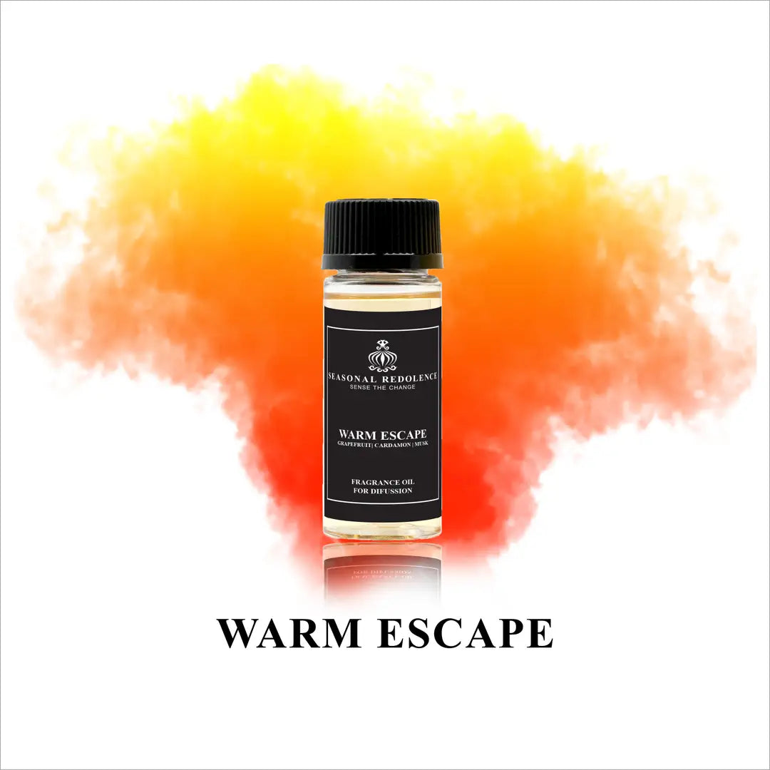 Warm Escape Luxury Home Oil Diffuser Scent Oil captures the essence of refined relaxation. This sophisticated fragrance opens with vibrant citrus notes of grapefruit, orange, and bergamot, complemented by delicate tea and lime. The heart reveals a harmonious blend of cardamom, jasmine, rose, and perilla, creating depth and elegance.