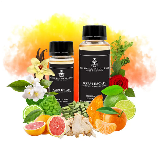 Warm Escape Luxury Home Oil Diffuser Scent Oil captures the essence of refined relaxation. This sophisticated fragrance opens with vibrant citrus notes of grapefruit, orange, and bergamot, complemented by delicate tea and lime. The heart reveals a harmonious blend of cardamom, jasmine, rose, and perilla, creating depth and elegance.