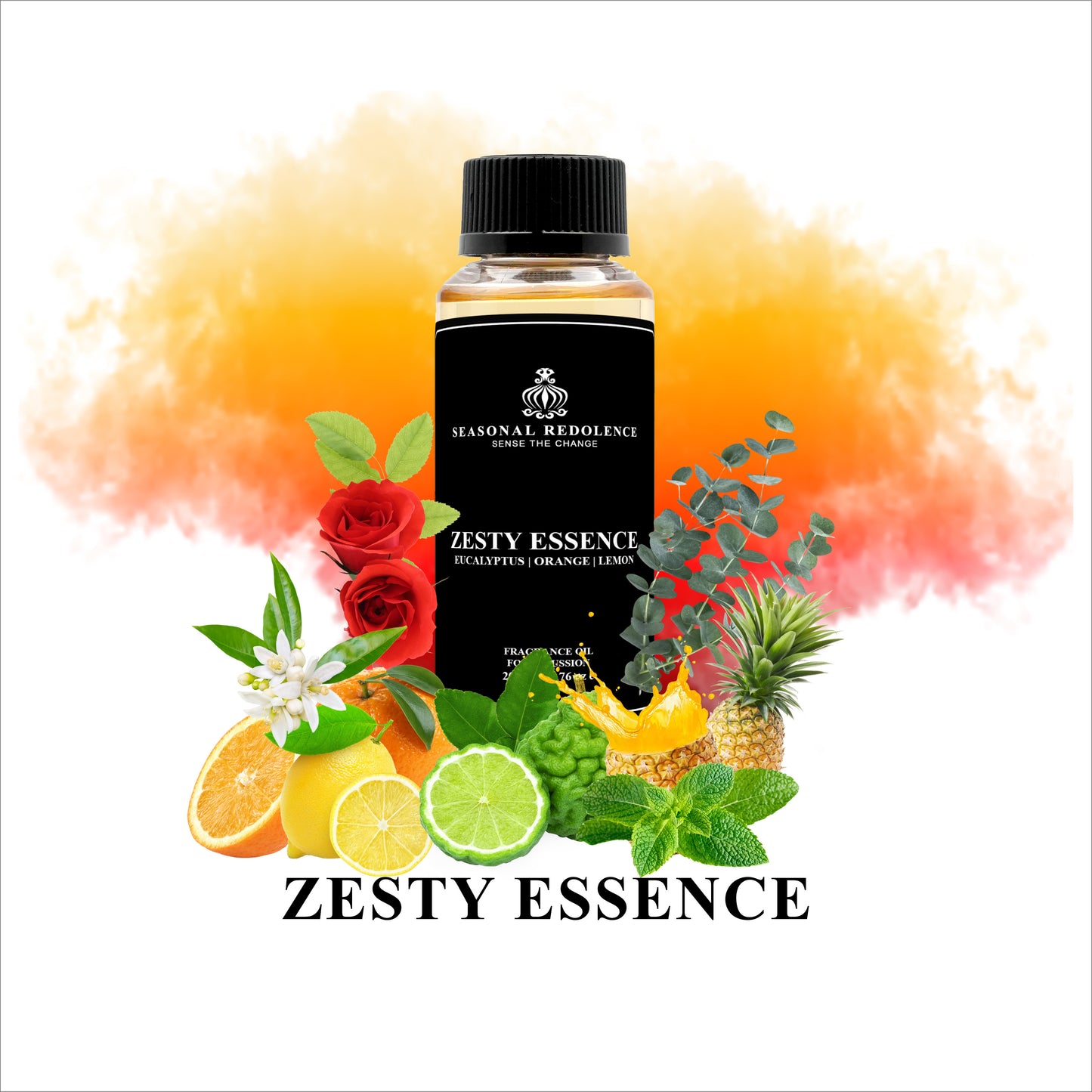 Indulge in the luxurious blend of our Zesty Essence fragrance diffuser oil. Notes of eucalyptus, orange, and lemon create a refreshing top layer, followed by a heart of mint, bergamot, rose, and pineapple. Finish with a base of jasmine and neroli for a truly elevated sensory experience. Elevate your space with our premium diffuser oil.